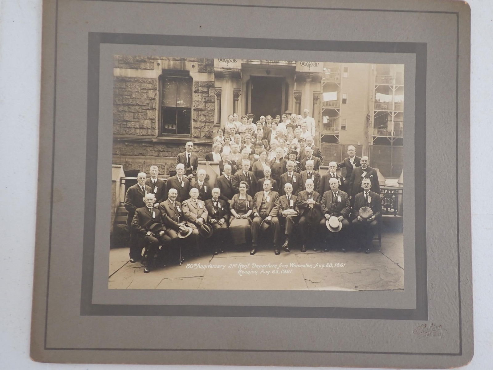 Photo 60th Anniversary 21st Mass Regt. Departure: Photo of 60th Anniversary 21st Regt. Departure from Worcester, MA Reunion. Photo depicting group of veterans. Photo states "60th Anniversary of 21st Regt Departure from Worcester, MA, Aug. 28. 1861