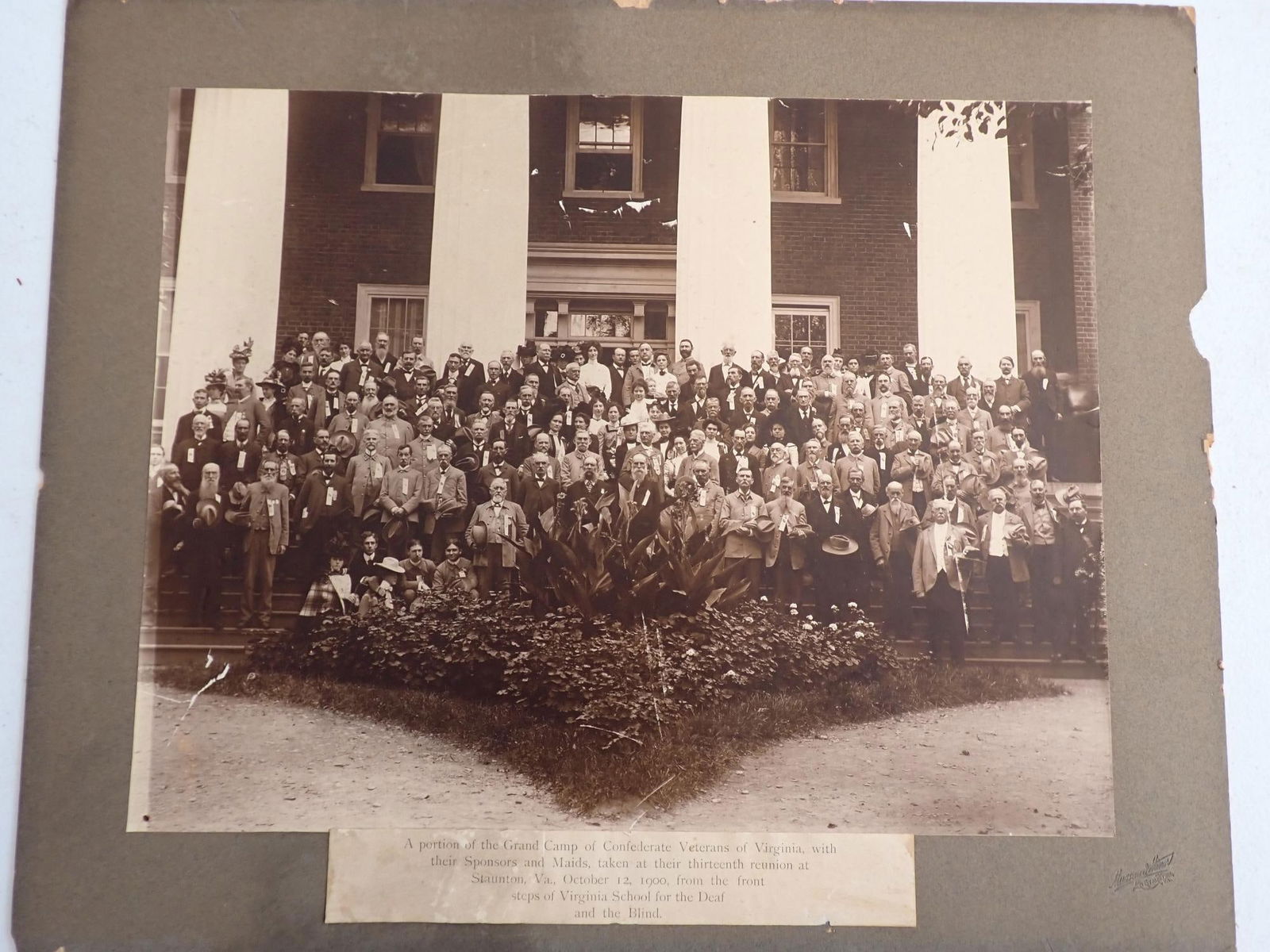 Grand Camp of Confederate Virginia Veterans 1900: Photo of the Grand Camp of Confederate Veterans of Virginia, with their Sponsors and Maids, taken at their thirteenth reunion at Staunton, VA October 12, 1900 from the front steps of Virginia School o
