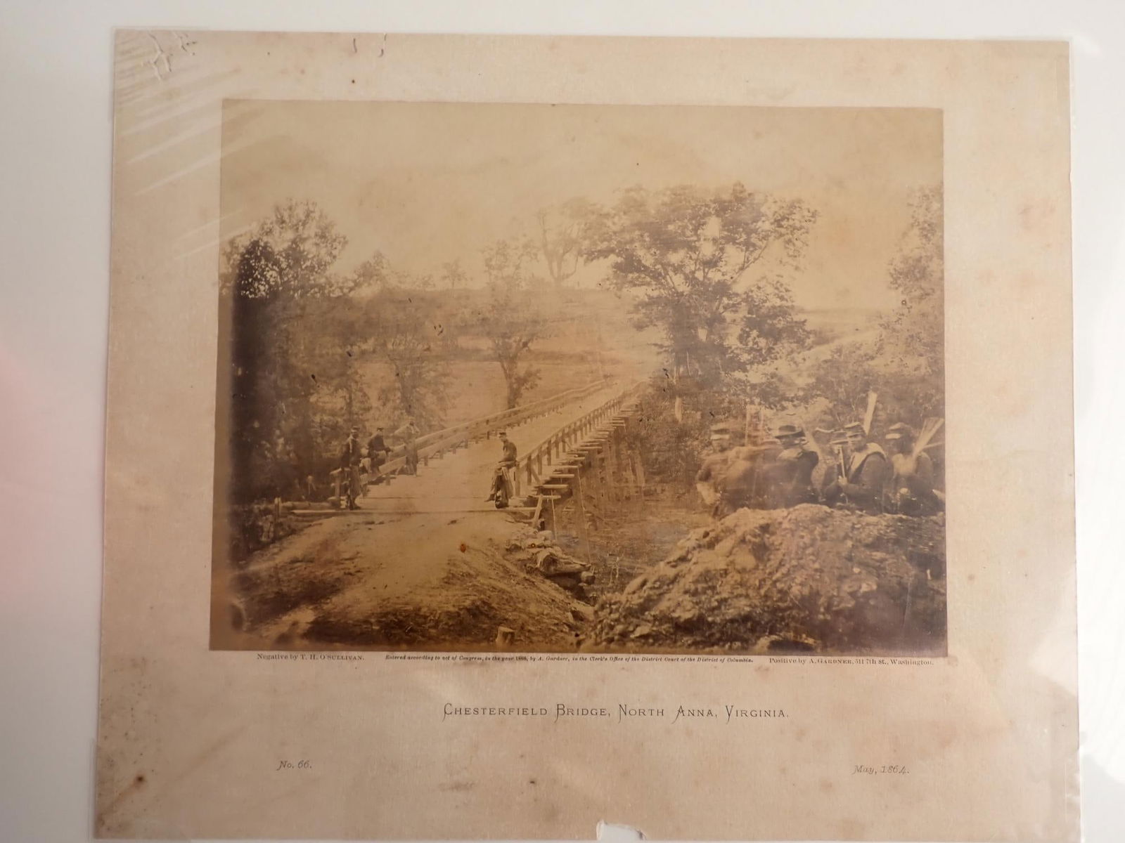 Chesterfield Bridge, North Anna, VA - Photo: Gardner's Sketchbook View/Page No. 66 "Chesterfield Bridge, North Anna, VA," May 1864. . Negative by T. H. O'Sullivan, positive by A. Gardner. 7" x 9" image. 10" x 12" mount. Shrink-wrapped. Discolora