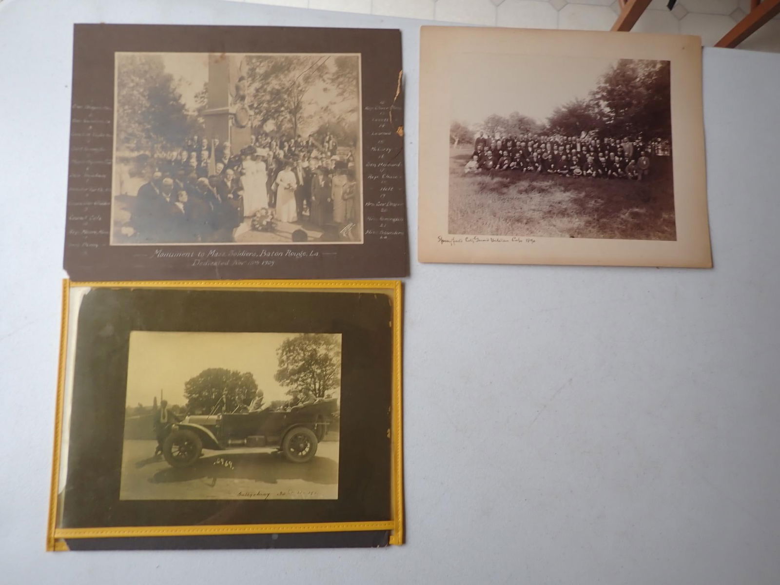 1912 photo of Mass Veterans in car and 2 others: 1912 Gettysburg showing 3 Massachusetts veterans in car. One was wounded and captured at the Wilderness and another was also wounded at the Wilderness. 1909 Baton Rouge Monument dedication to Mass