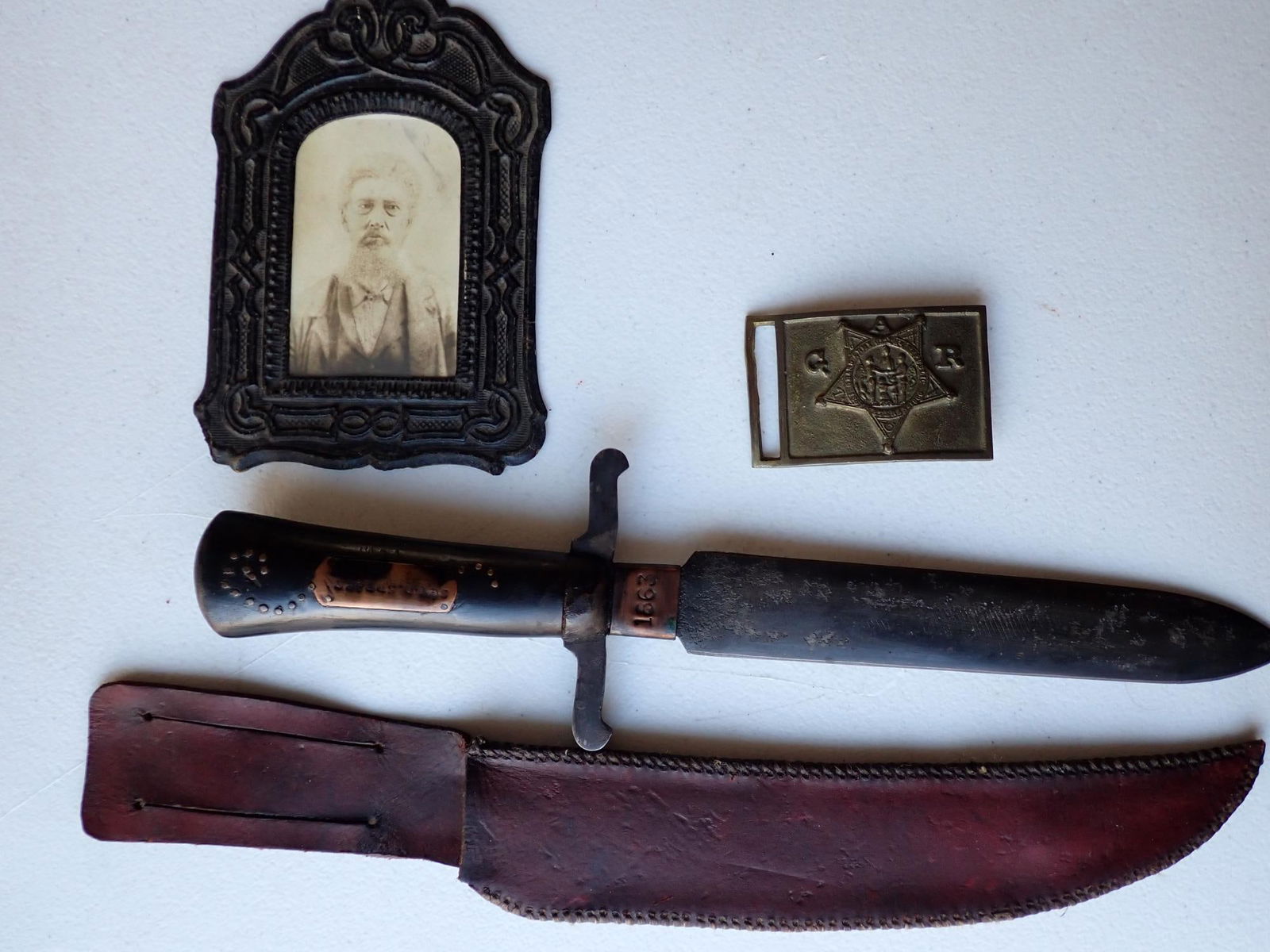 1st Sgt. David Spears 55th GAR Knife, Buckle photo: 1st Sgt. David Spears 55th Mass Vols GAR Knife, Buckle & photo.1st Sgt. David Spears 55th Mass Vols GAR Knife, Buckle & photo. Bowie knife with copper plate engraved "Sgt. D. Spears" in copper on