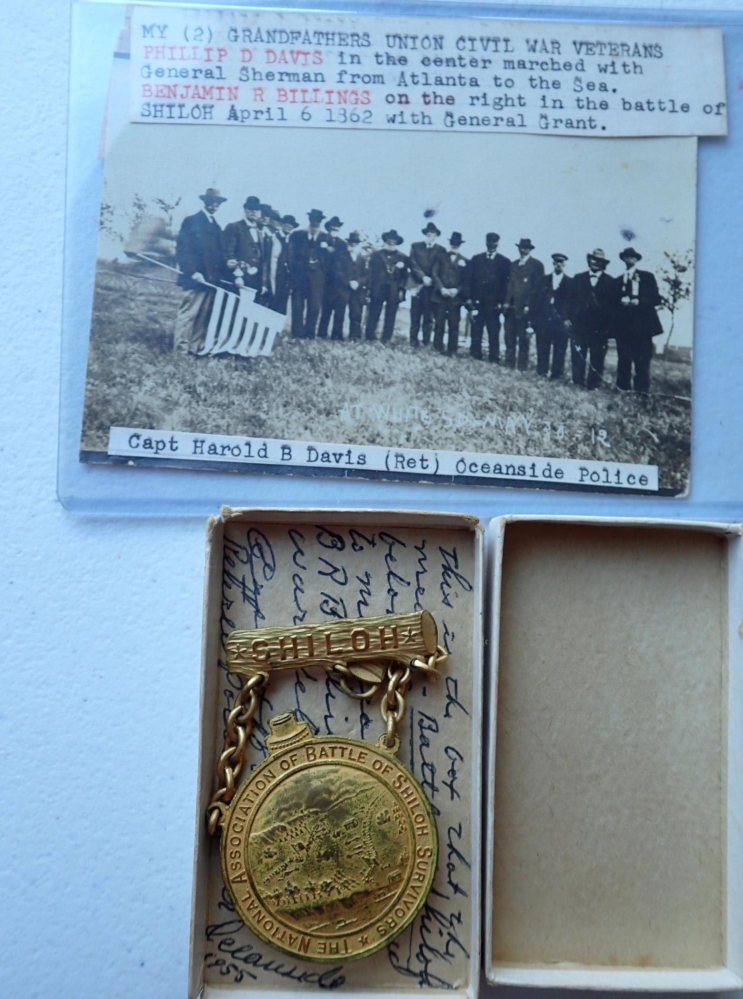 Battle of Shiloh medal Pv Benjamin Billings 3rd Wisc: Battle of Shiloh survivor medal Pvt. Benjamin Billings 3rd Wisconsin items. Medal with original box. Also, real photo postcard of Billings with other veterans at a 1912 reunion.