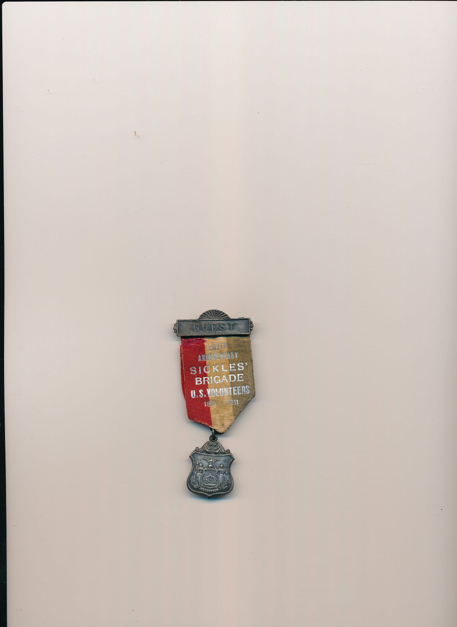 Gettysburg Sickles Brigade Reunion Memorabilia: Gettysburg Reunion Ribbon, Sickles Brigade 50th Reunion Medal & Letters. Yellow reunion ribbon Gettysburg PA Sept 19 & 20, 1902 and Guest medal of 50 Anniversary Sickles' Brigade U.S. Volunteers