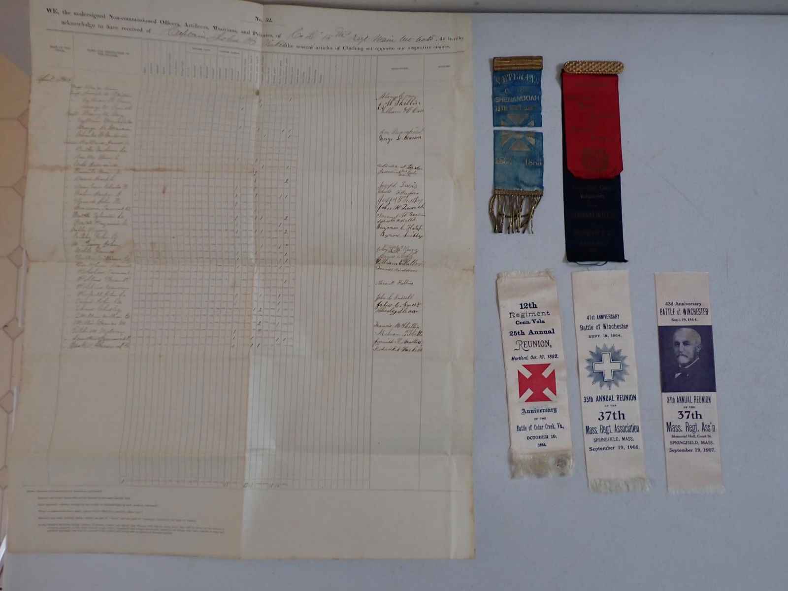 Winchester & Shenandoah Army reunion Ribbons: Battle of Winchester and Shenandoah Army reunion Ribbons & Clothing receipt. 1883 Shenandoah 19th Army Corps Veterans, Connecticut 2nd Artillery and 12th Infantry & other ribbons. Also, Maine