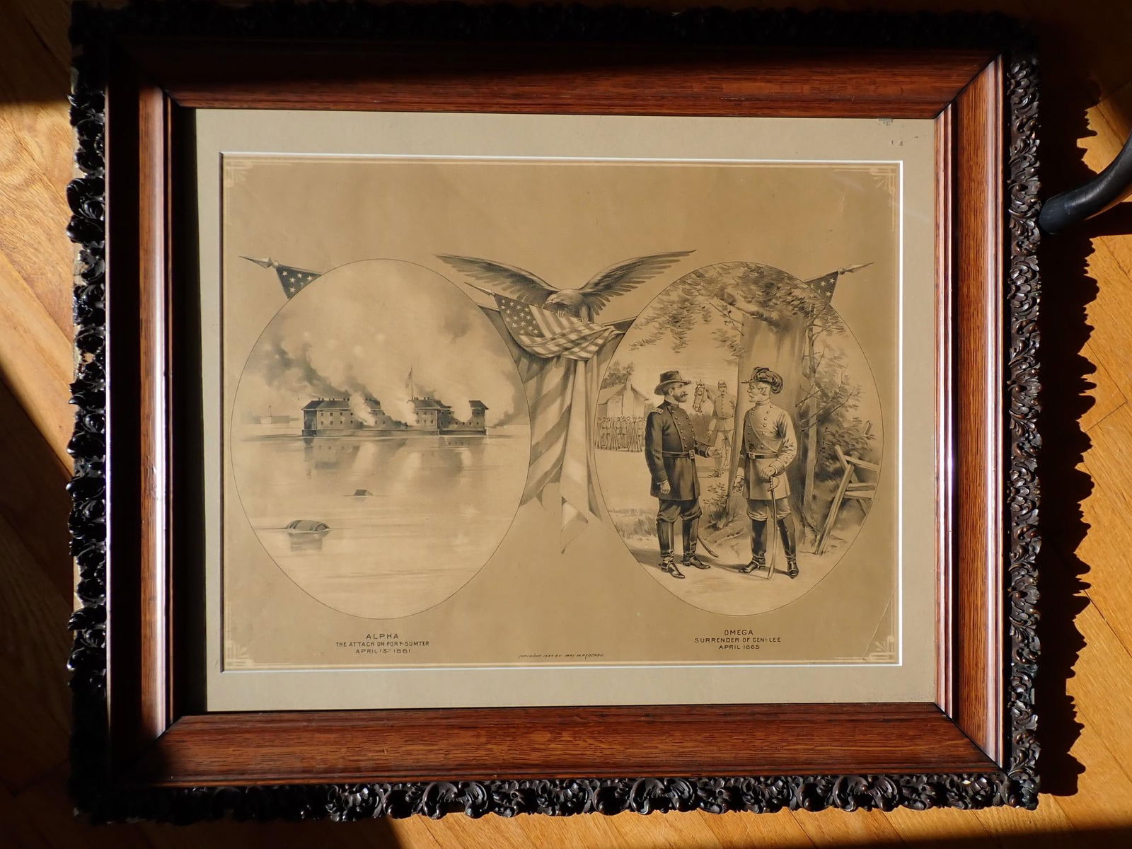 Attack on Ft. Sumter & surrender of Gen. Lee Print: Civil War print of Attack on Ft. Sumter and surrender of Gen. Lee. ALPHA, The Attack on Fort Sumter, April 13,1861 and OMEGA Surrender of Gen. Lee, April 1865. Copyrighted 1887 by Mrs. M.F. Rocheu. Fr