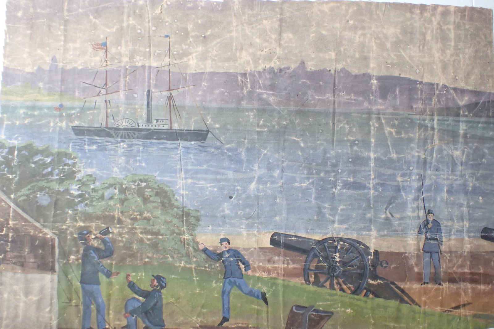 Folk Art Civil War oil painting on canvas: Depicts soldier drinking while other soldier seems to asking for drink. Another soldier on guard and another running with paddlewheel ship on background in water. 24" x 36". Unevenly cut with creasing