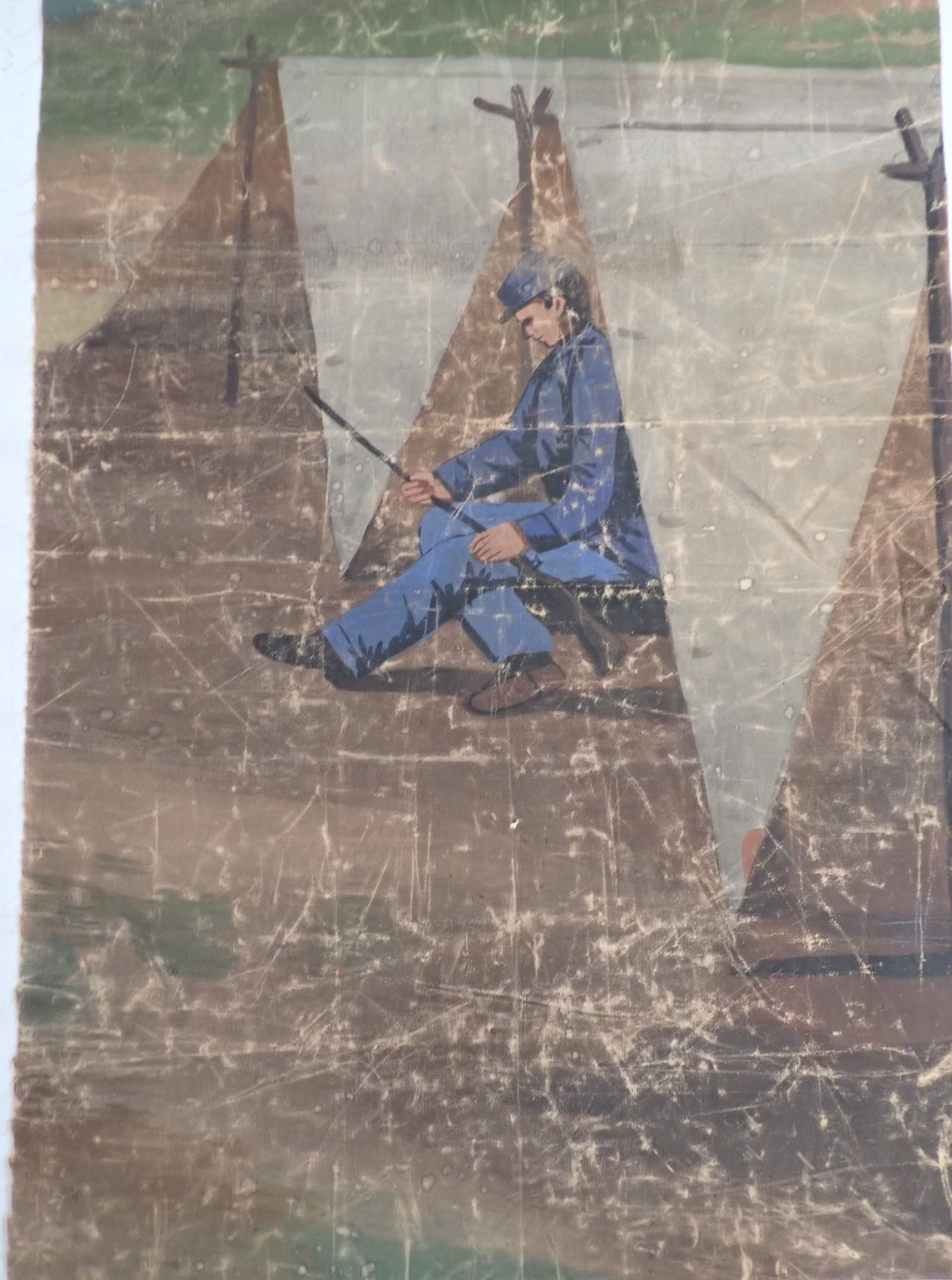 Civil War Soldier & Tent Folk Art Painting: Civil War Soldier Art Painting on Canvas Union Soldier at rest at Tent Entrance. Circa 1900 Folk Art Painting of Soldier resting with Rifle NY Tent Entrance. 20" x 28." Canvas creasing.