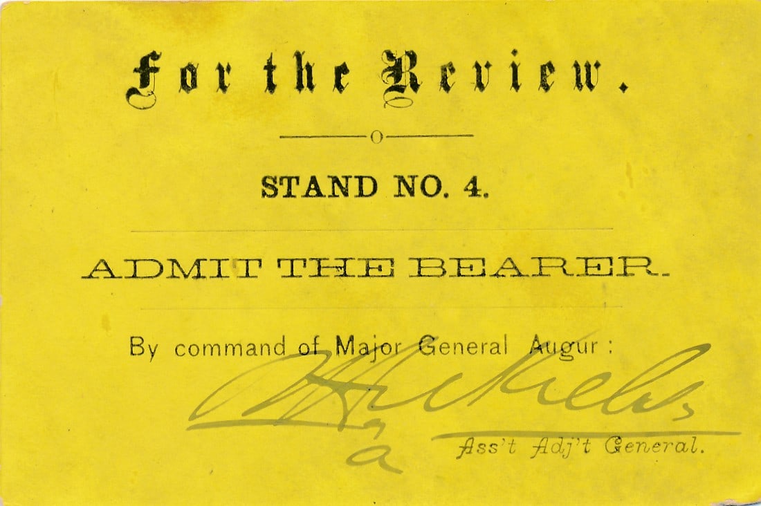 1865 Grand Review of Armies Victory Parade ticket: On May 23-24, 1865, the victorious armies of the United States embarked on their final military march on the streets of the nation's capital. Written on reverse is "Reserved Seat West Side IMF.