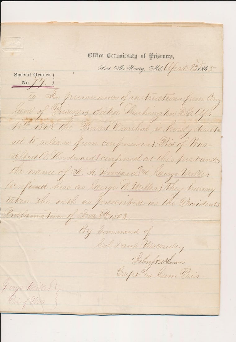 Civil War Orders, Prisoner's Oath, Coffin order, etc. (1 of 16)