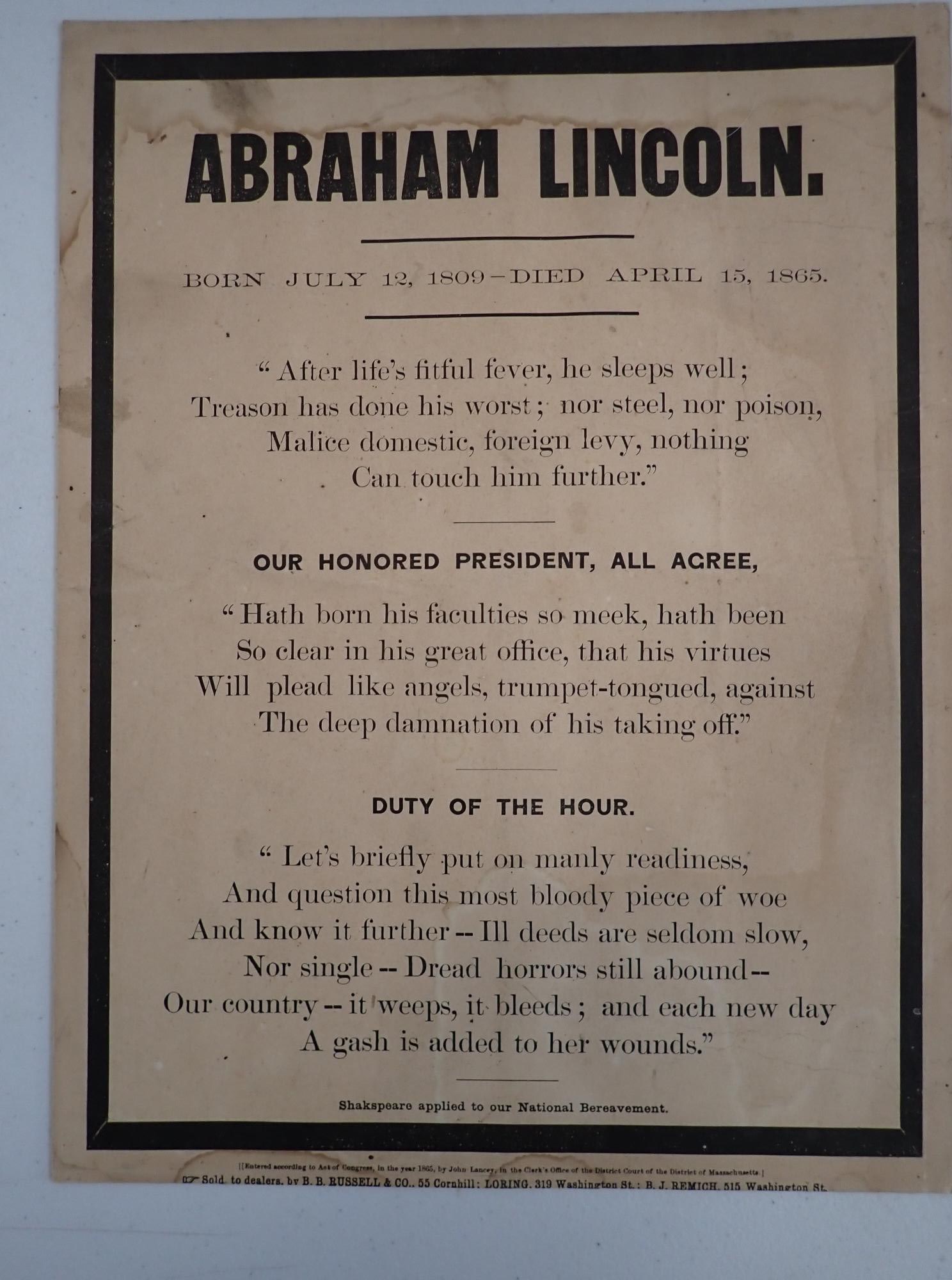 1865 Lincoln Assassination Mass. Broadside (1 of 6)