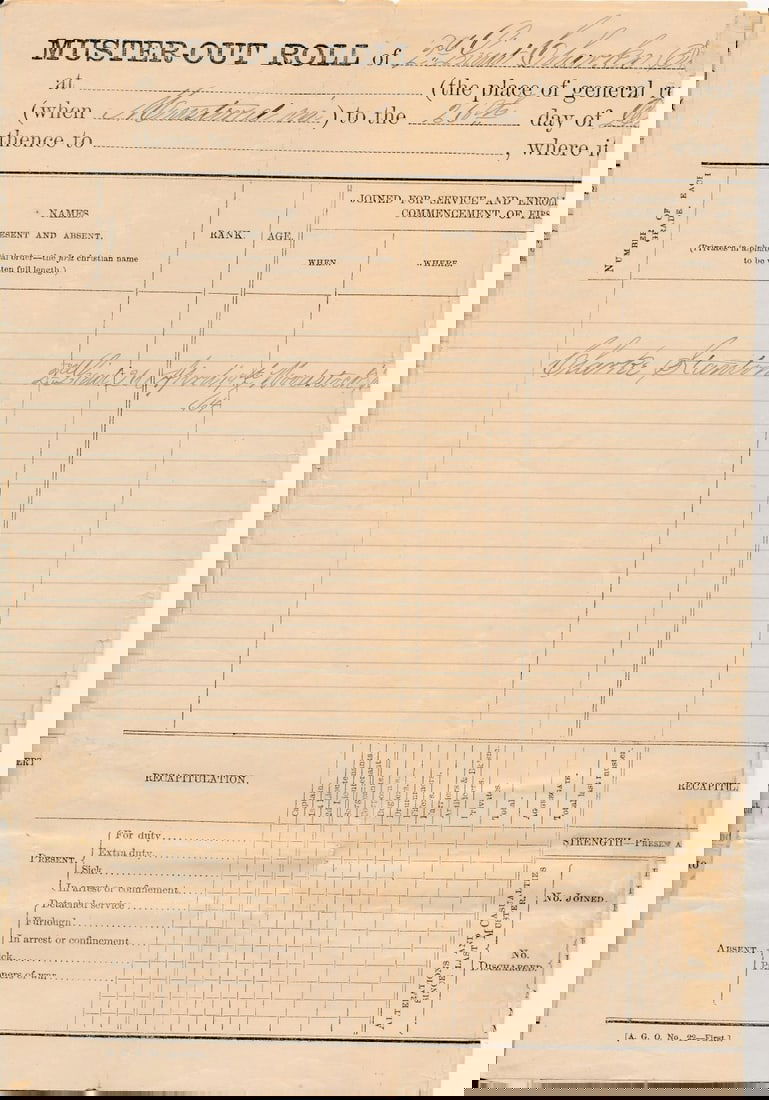2 Muster Out Rolls from Shenandoah Valley: Charles Stanton 2nd Lieutenant 1st New York Regiment