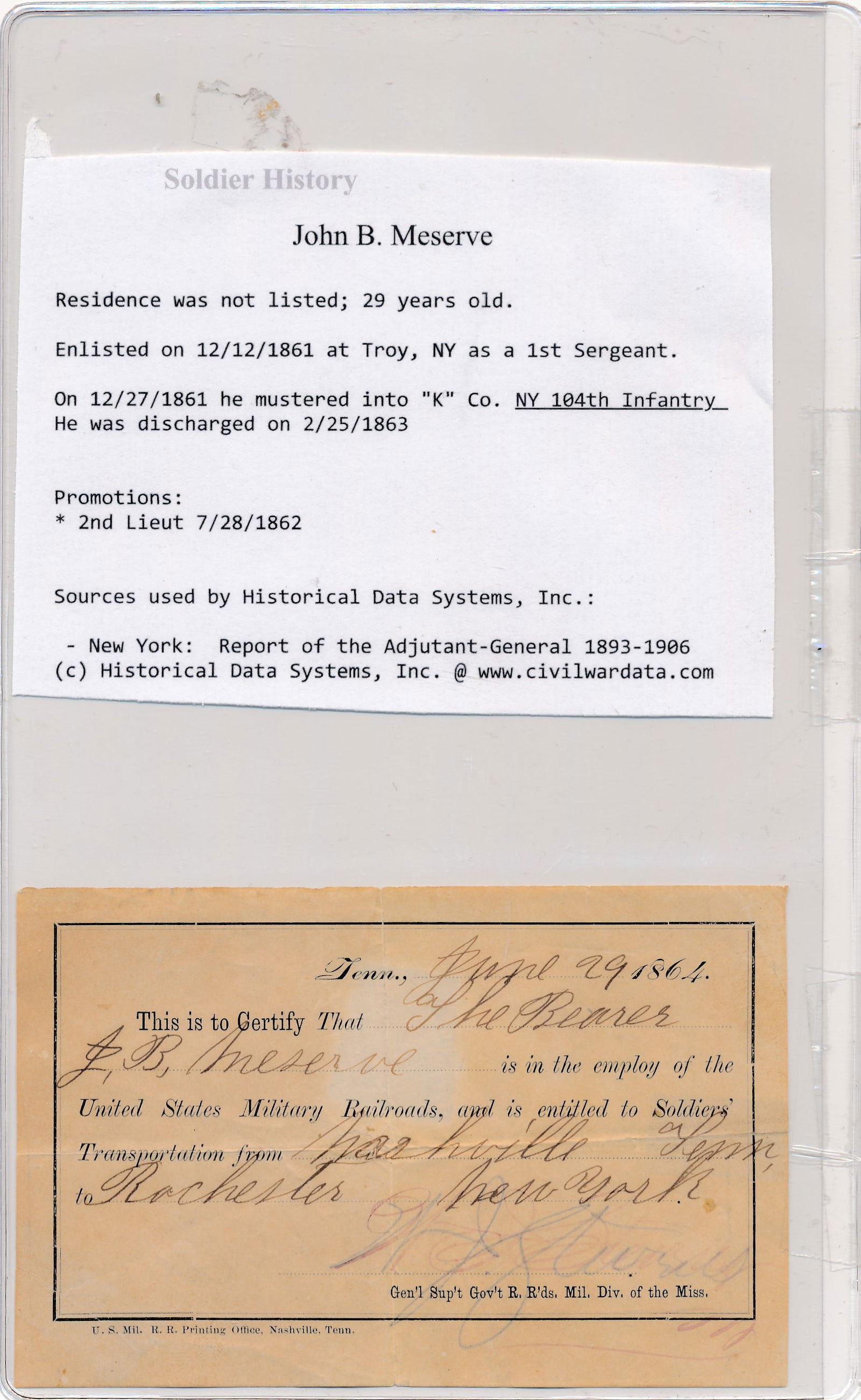 U.S. Grant memorial exercises, soldier's passes, etc.: 1885 U.S. Grant memorial exercises telegraph, soldier's passes, etc. 1864 Virginia & North Carolina Headquarters soldiers' pass. 1864 rail pass for soldier employed by the United States Military