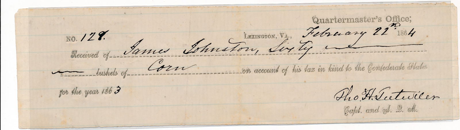 Confederate States of America Invoices & receipts: November 1862 CSA Army receipt for head of cattle. Thomas Tutweiler signed receipt and others.
