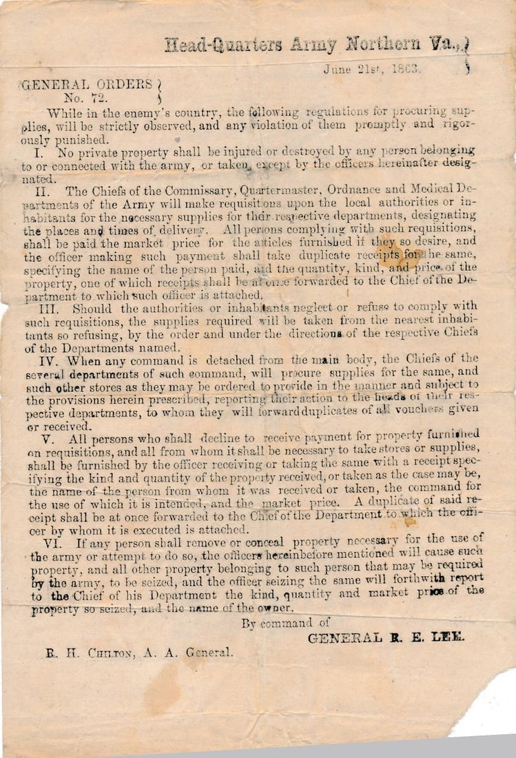 Gen. Lee Confederate foraging at Gettysburg doc.: June 21, 1863 General Lee Confederate document regarding foraging at Gettysburg. Torn corner and some other wear.