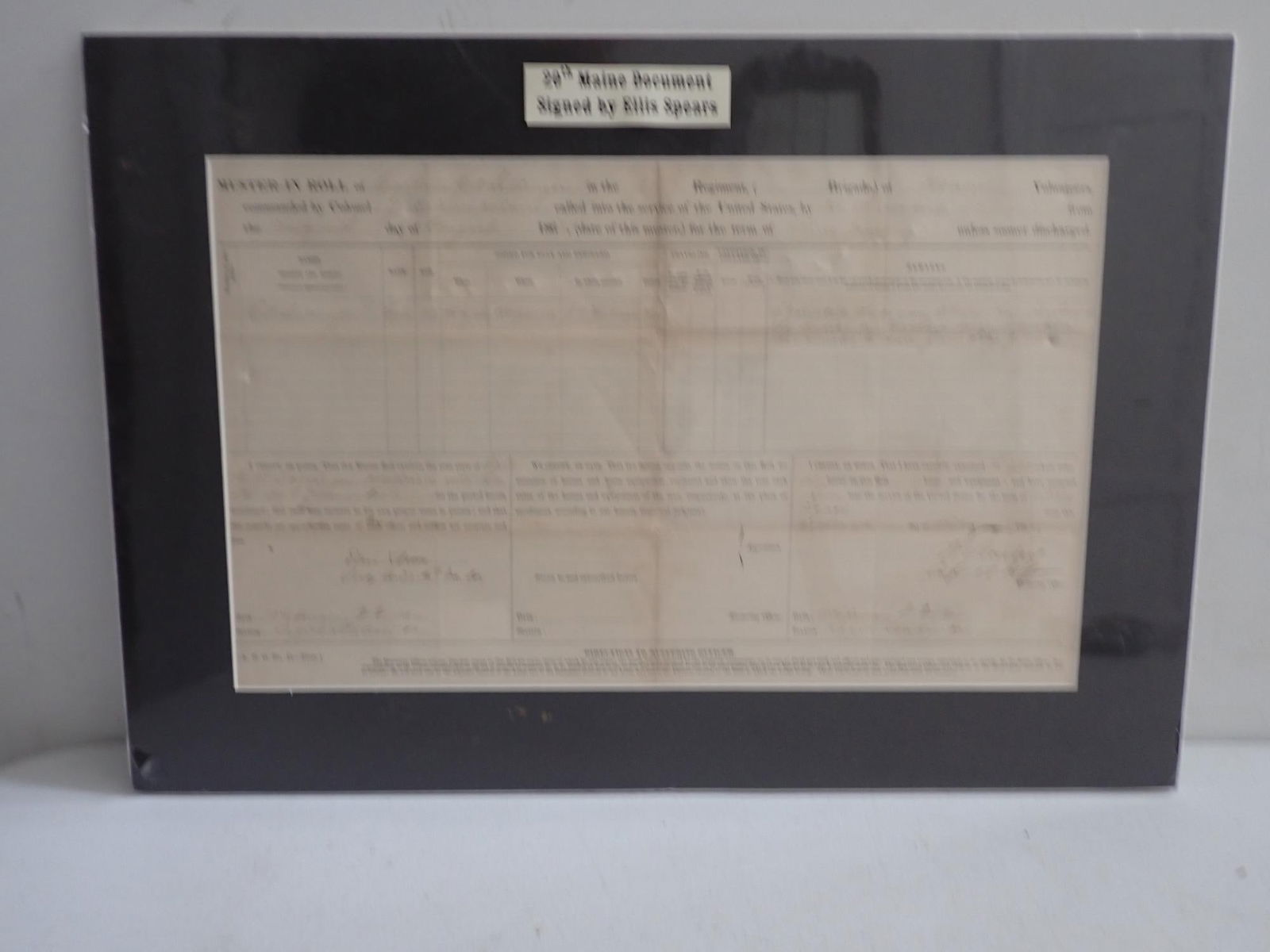 20th Maine Muster in Roll signed by Ellis Spears: 20th Maine Muster In-Roll documents signed by Ellis Spears who was an officer in the 20th Maine Volunteer Infantry Regiment of the Union Army during the Civil War. Document states that Capt.