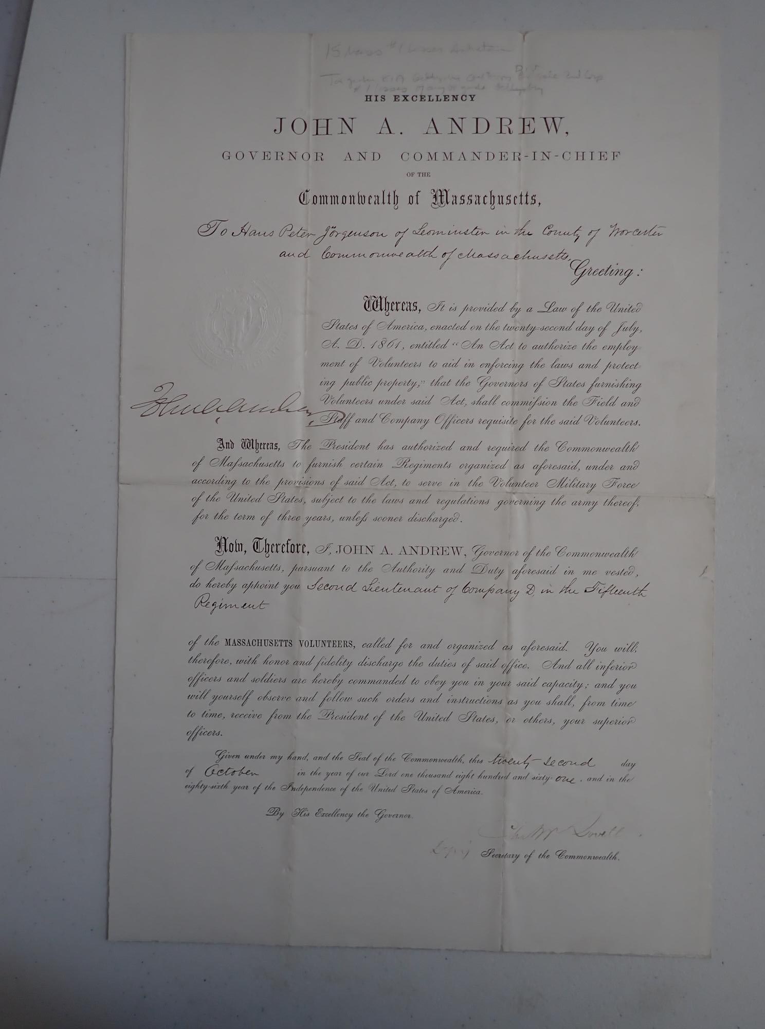 2nd Lieutenant Hans Peter Jorgensen Appointment: 1861 2nd Lieutenant Hans Peter Jorgensen Appointment Killed in Gettysburg. Commission Letter from Massachusetts Governor John A. Andrew appointing Hans Peter Jorgensen as Second Lieutenant Company D o