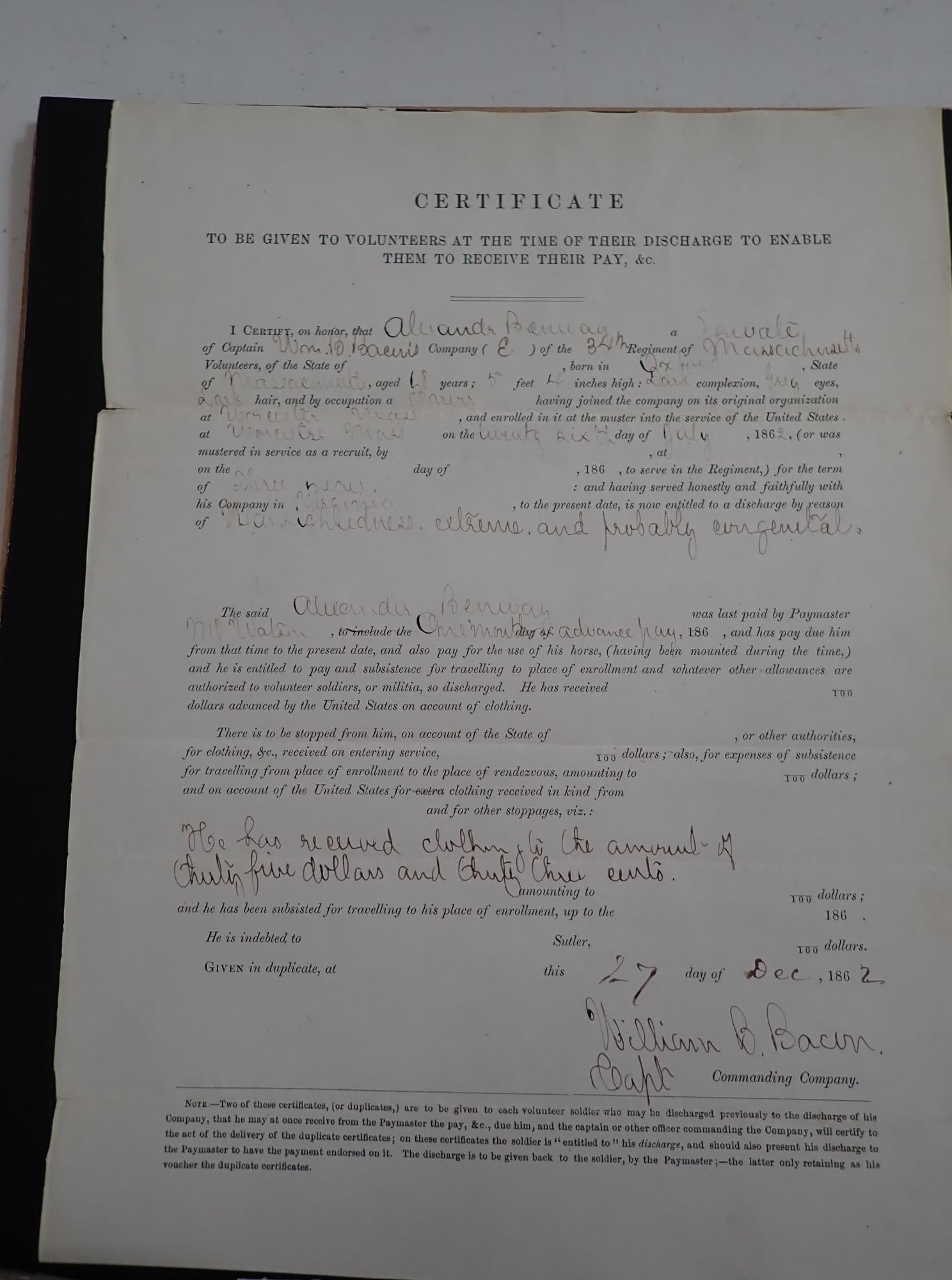 Capt William B. Bacon Worcester CDV & document - 2