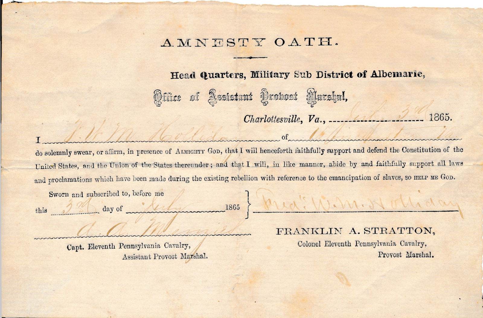 Confederate Congressman, VA Gov Amnesty Oath: Confederate Congressman & Future Virginia Governor Amnesty Oath. Frederick William Mackey Holliday 1865 Civil War Oath to he Constitution and the Union
