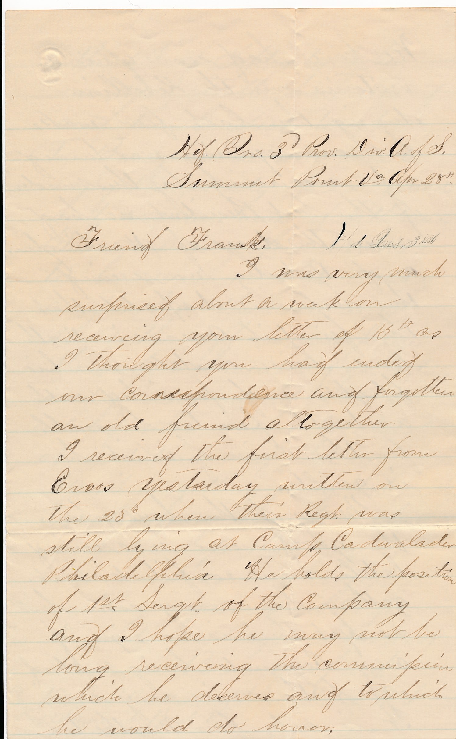 David H. Stannfer Prov. Div. Lincoln content: David H. Stannfer Head Quarters Prov. Div. Summit Point, VA Lincoln content. Content: "the fiendish assassin Booth has been overtaken in his flight,"