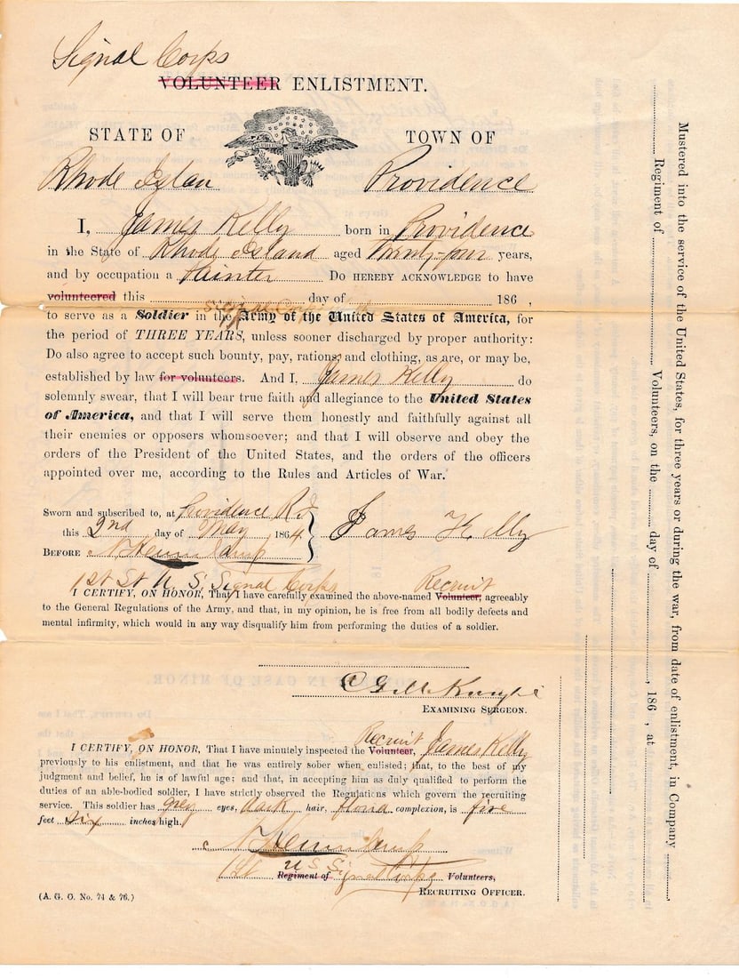 Civil War discharge and pay documents: James Kelly, Providence, Rhode Island & others
