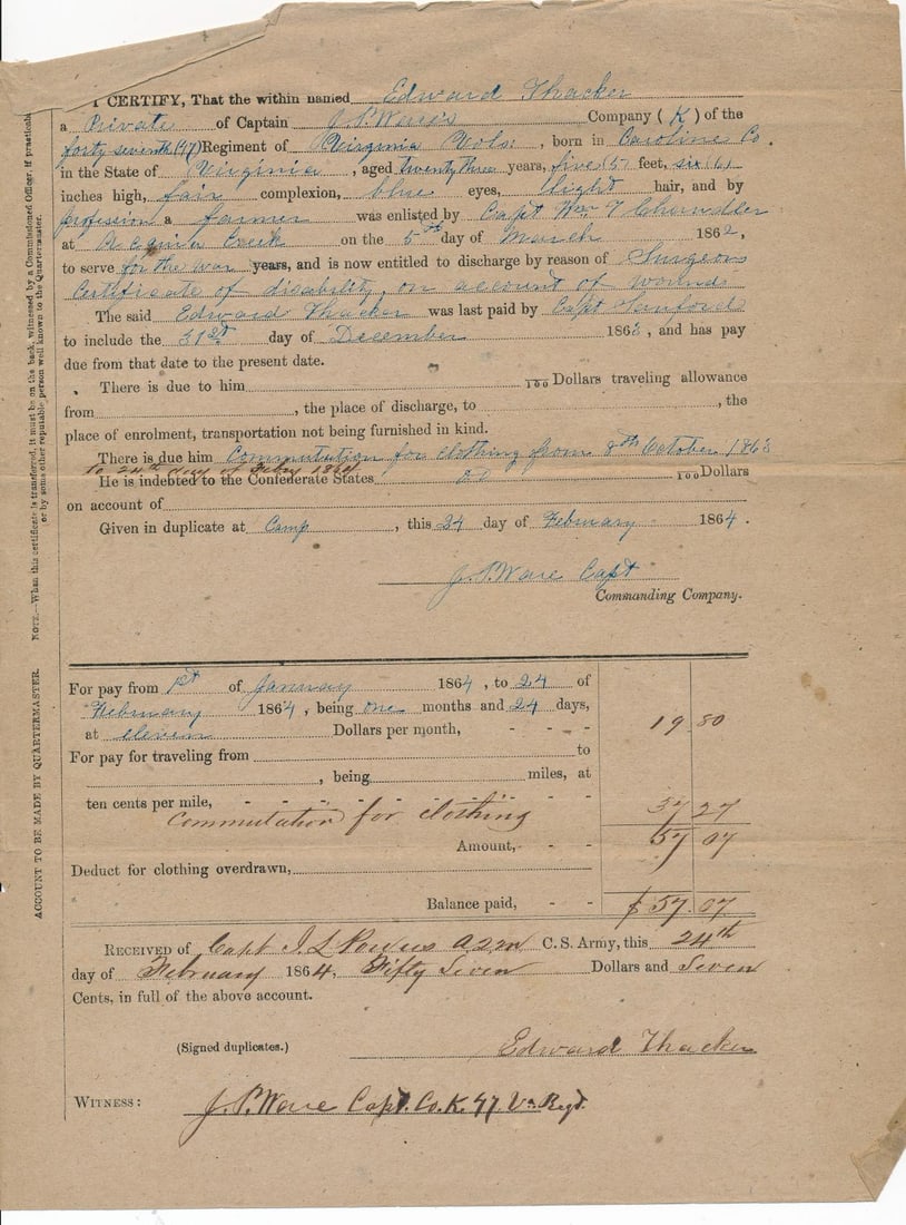 Edward Thacker Confederate Discharge Doc. KIA (1 of 4)