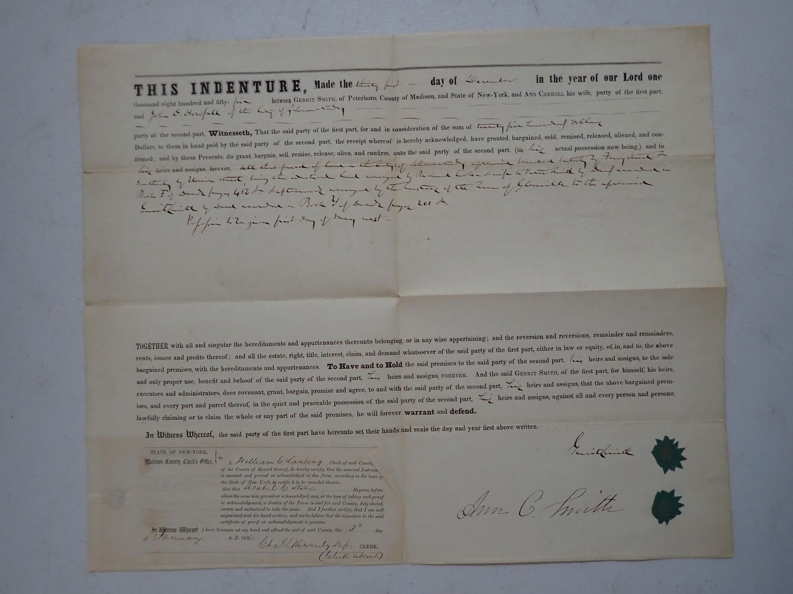 Gerrit Smith Abolitionist Indenture Agreement (1 of 13)