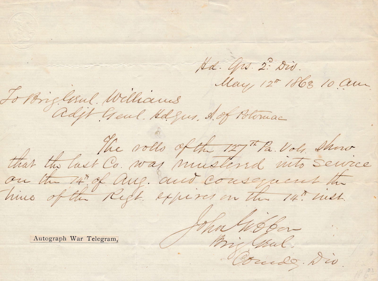 Military telegrams by General John Gibbon, etc. (1 of 9)