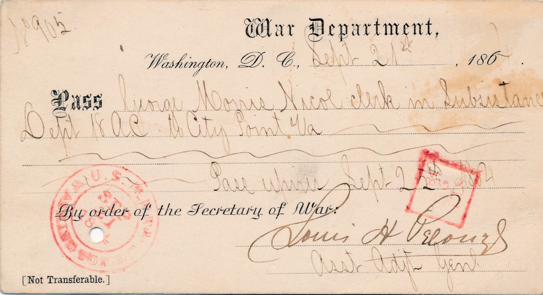 George Nicol Civil war pass and CDV & other docs: Pvt. J.F. Floyd 1st Missouri Marines Volunteer enlistment documents & other documents