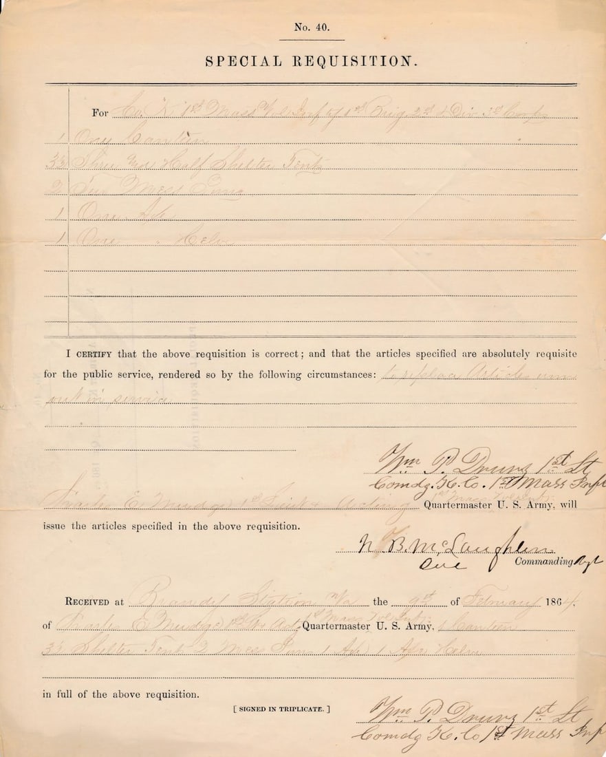 1st MA Brig. Gen. Napoleon B. McLaughlin docs, etc: Document signed by McLaughlin and Lt. Drury. Drury was wounded at Gettysburg. Other documents.
