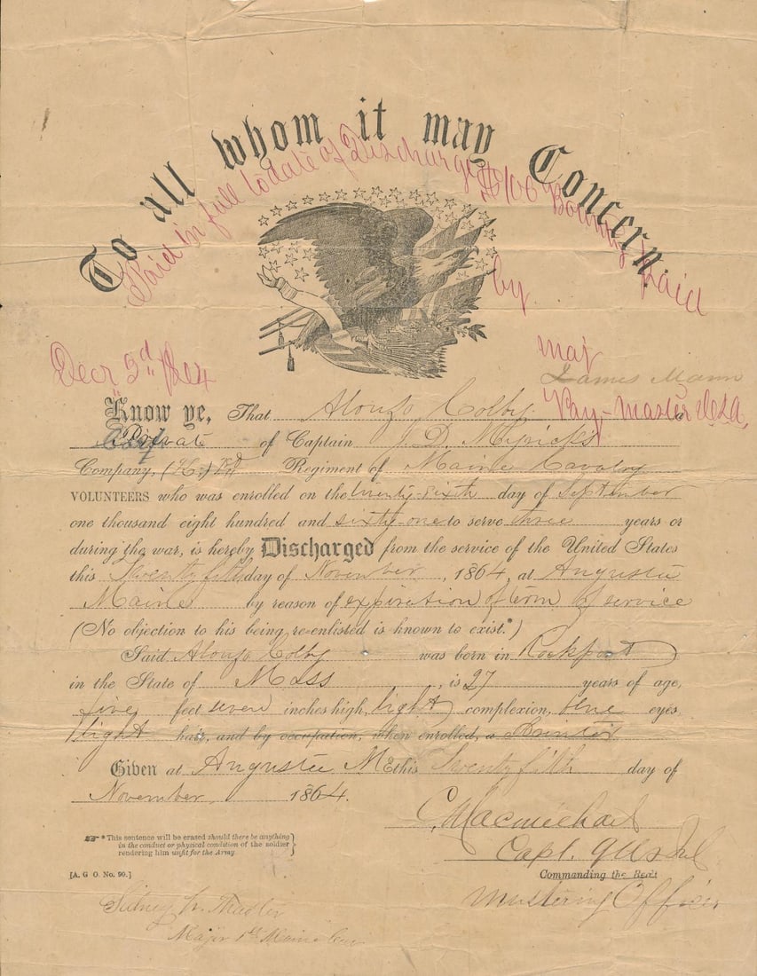New England Civil War & post-war related docs.: Alonzo Colby Bath, Maine discharge. 1864 12th new Hampshire equipment document signed by Brigadier General Joseph H. Potter, wounded and POW at Chancellorsville.