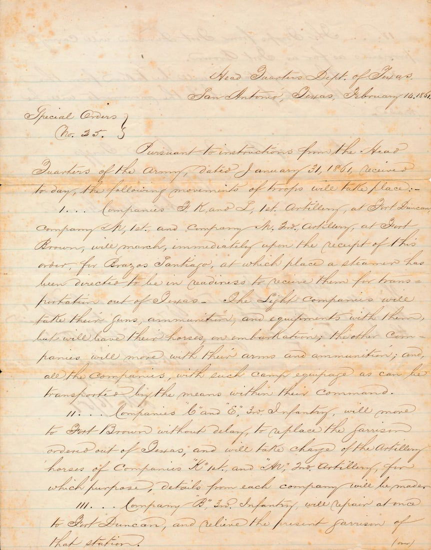 1861 Upcoming Secession of Texas Special Orders (1 of 4)