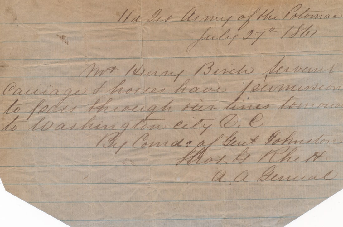 1861 CSA Army Pass by Maj. Thomas Grimke Rhett: Signed by Rhett, allowing Mr. Henry Birch, Servant, Carriage, & Horses permission to pass through lines to Washington D.C. February 13th, 1862 letter from Geo. E. Purvis discussing "the Fate of Fort