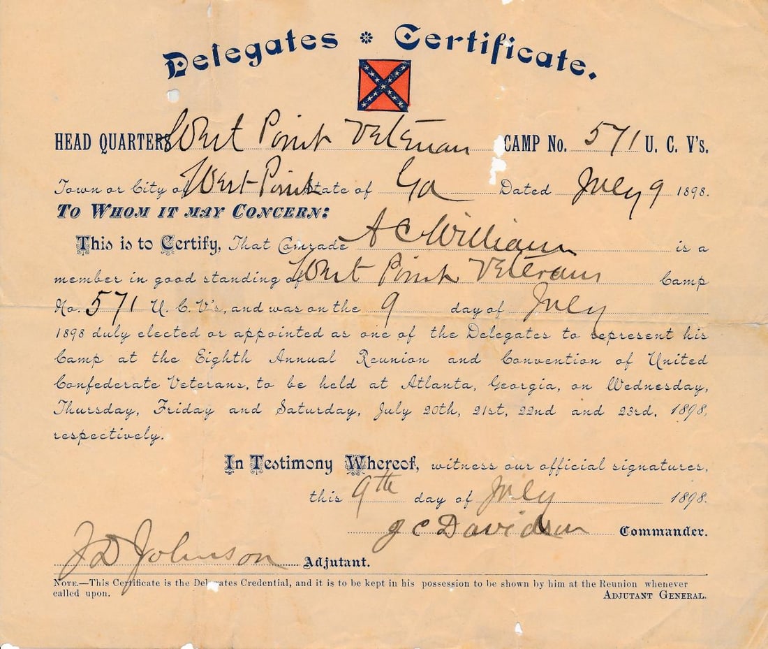 Confederate Veterans delegates certificate, etc.: 1917 document signed by John P. Hickman "C" Co. Indiana 7th Infantry. Other documents.