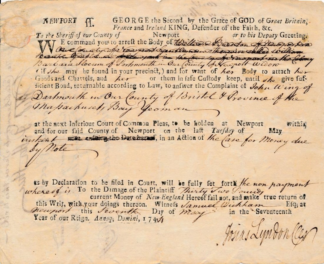 Colonial Newport, RI debt collection and other docs. (1 of 19)