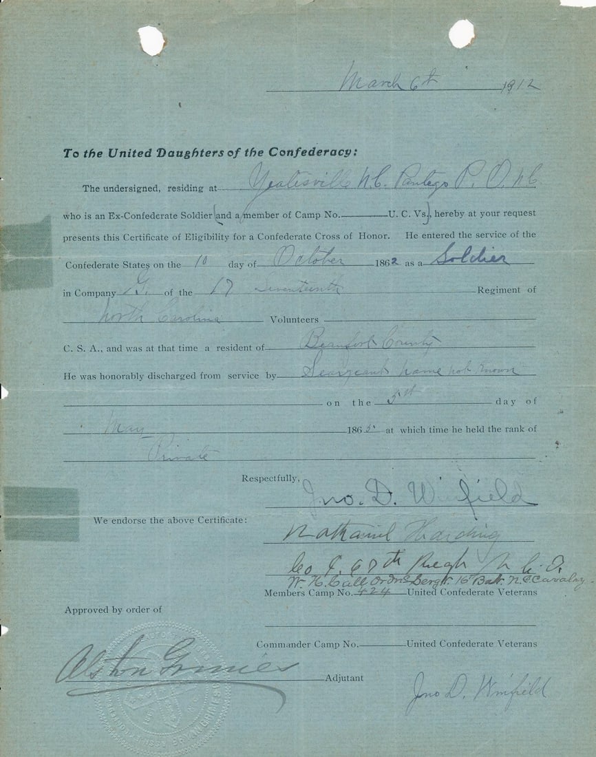 South Carolina Pension document, Confederate Vets (1 of 20)