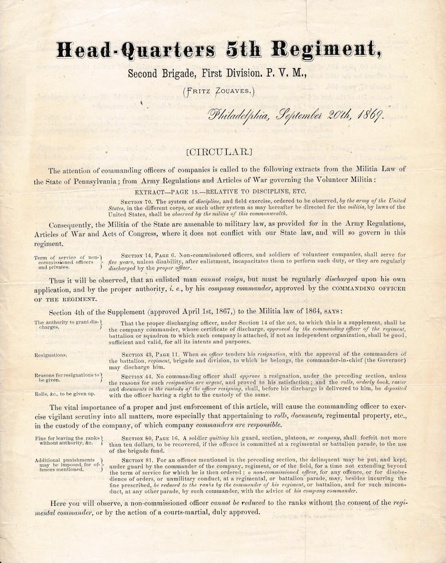 Post-war Fritz Zouaves 2nd Brigade, 1st Division PA: 1869 written and printed documents from the Headquarters Fritz Zouaves.