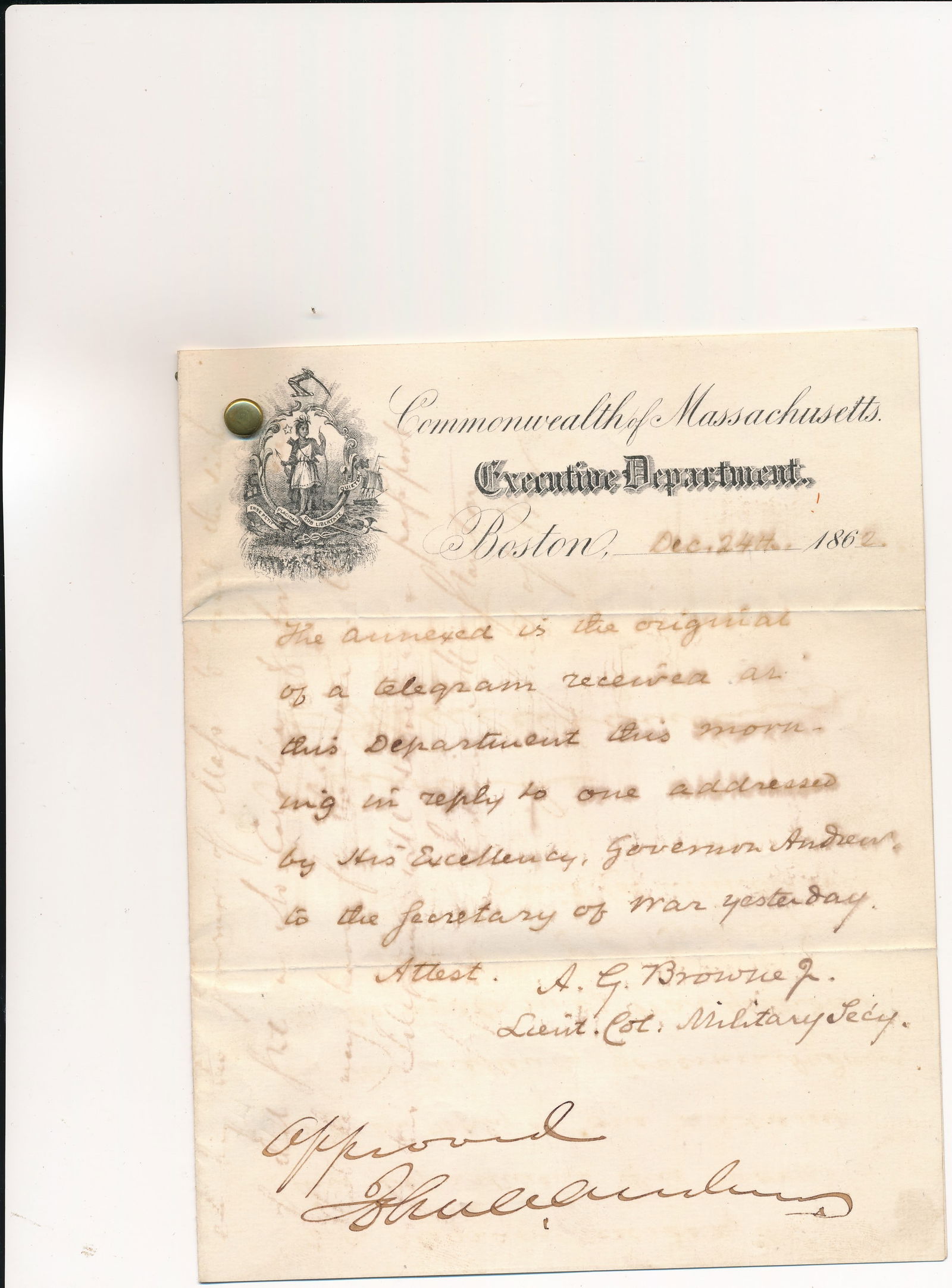 1864 Massachusetts wounded soldiers document: May 7, 1864 Massachusetts document for providing for wounded soldiers. Commonwealth of Massachusetts document regarding telegram from the Secretary of War, Massachusetts 1862 General Orders No. 29