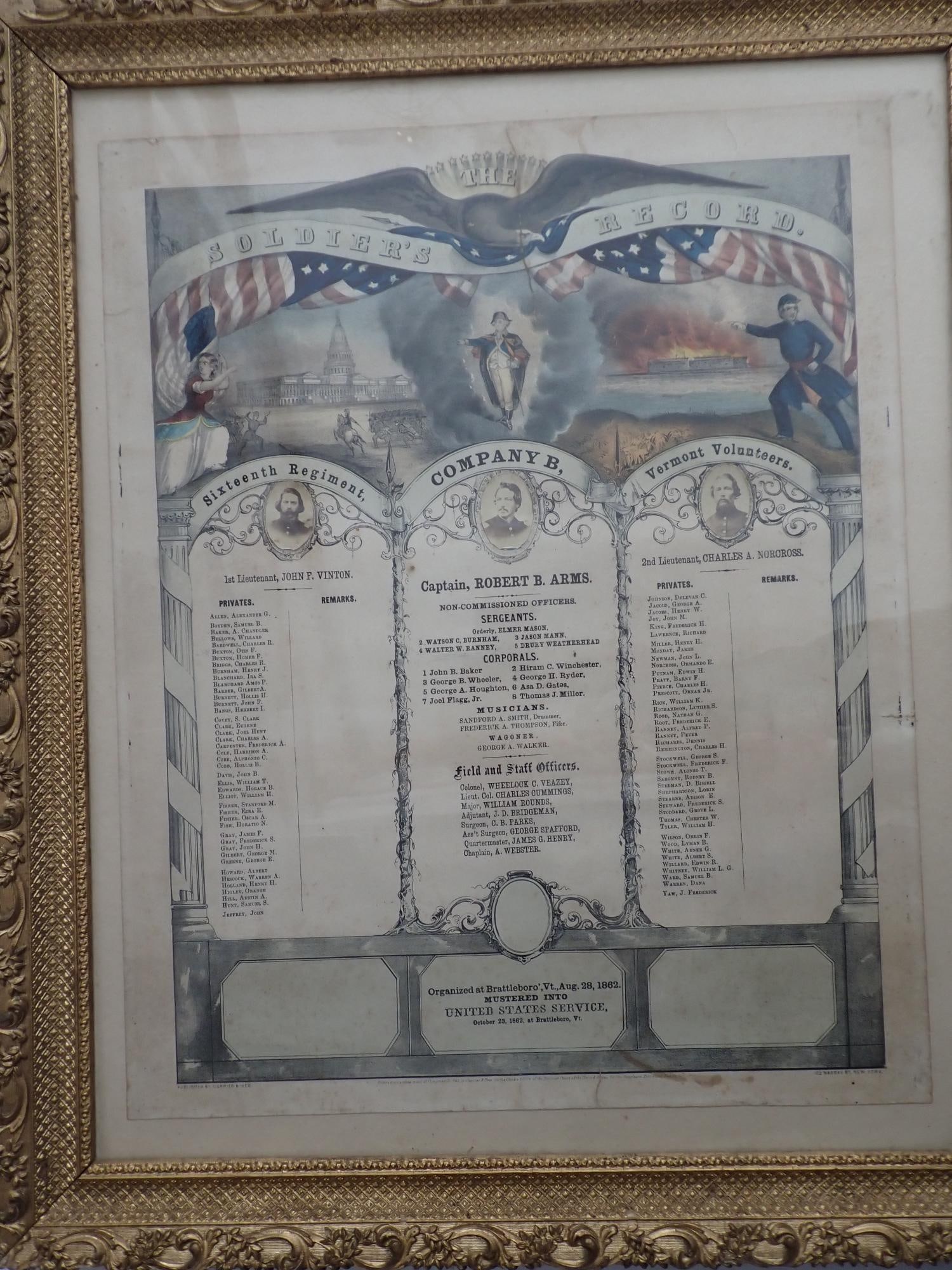 16th Regiment, Company B, Vermont Vols records: Civil War Soldier's Record, 16th Regiment, Company B, Vermont Volunteers. Civil War Record 1st Lieutenant John F. Vinton, Captain Robert B. Arms, 2nd Lieutenant Charles A. Norcross. Mustered into