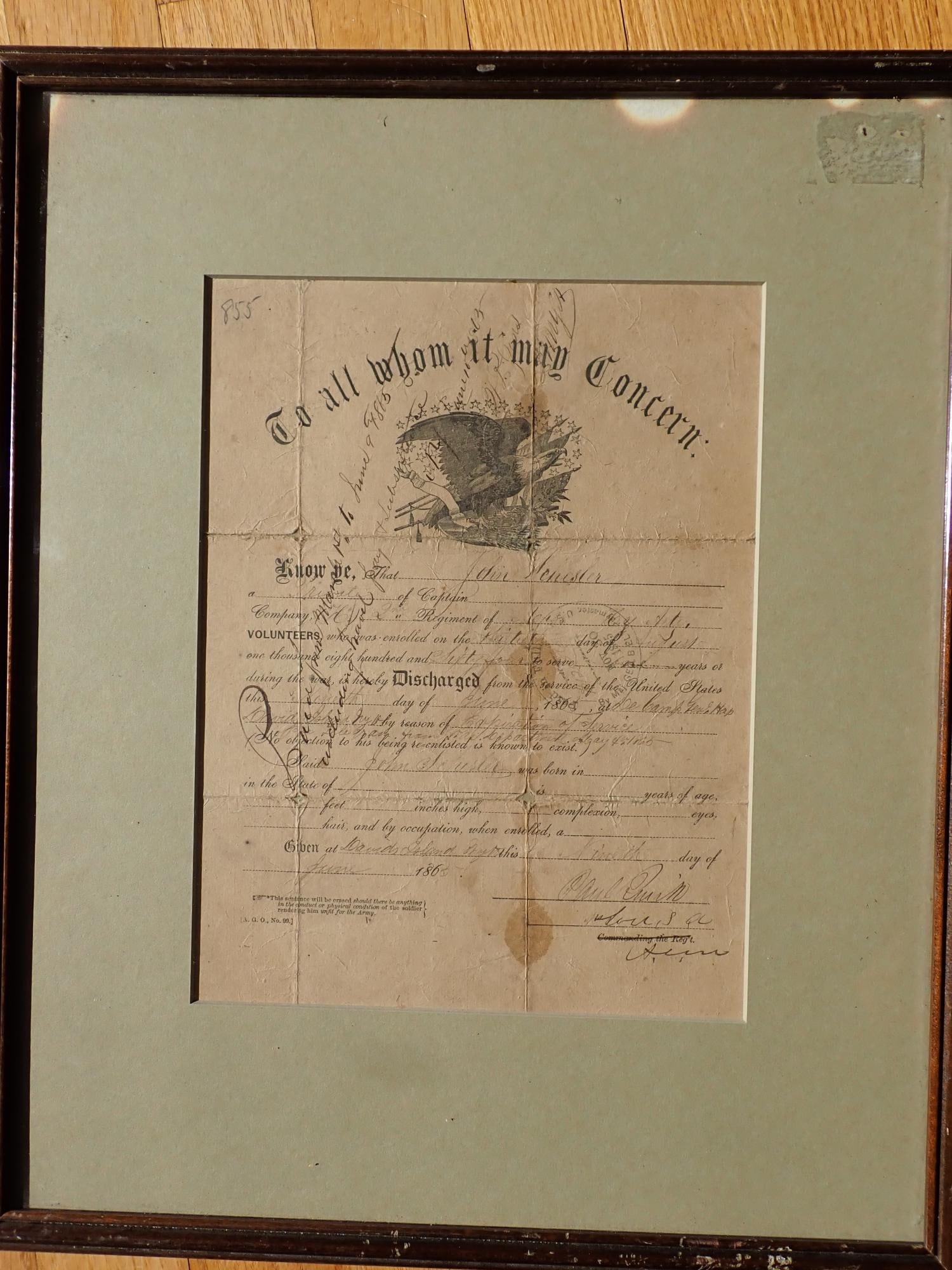 John Schesler, Webster, MA Civil War Discharge (1 of 8)