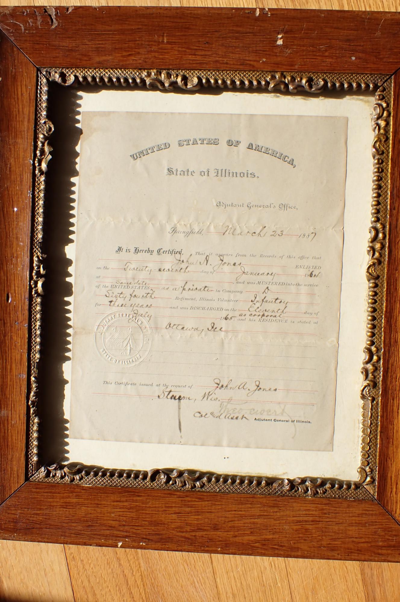 State of Illinois John A. Jones, Civil War Service doc (1 of 7)