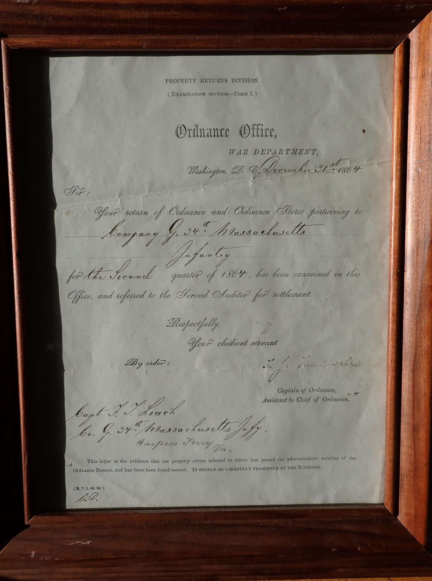 1864 Company G 34th Mass. Ordnance return letter (1 of 6)