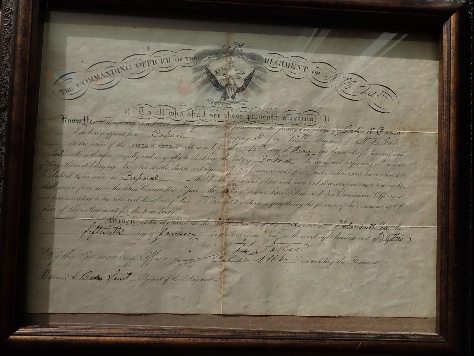 12th Regt of NH Vols. John R. Davis, Appointment: 1863 Appointment of John R. Davis, Corporal Co. F, 12th Regt of NH Volunteers. Davis was appointed as Corporal Jan 15, 1863. Signed by Commanding Officer and Lieutenant Document 9 1/2" x 14". Some