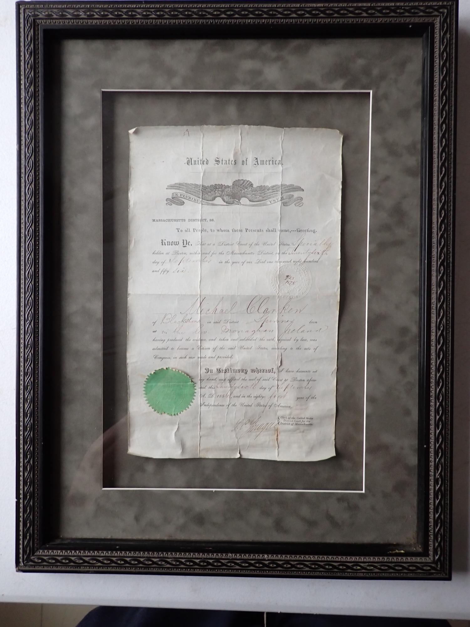 1856 Michael Clarken Blackstone Citizenship doc. (1 of 8)