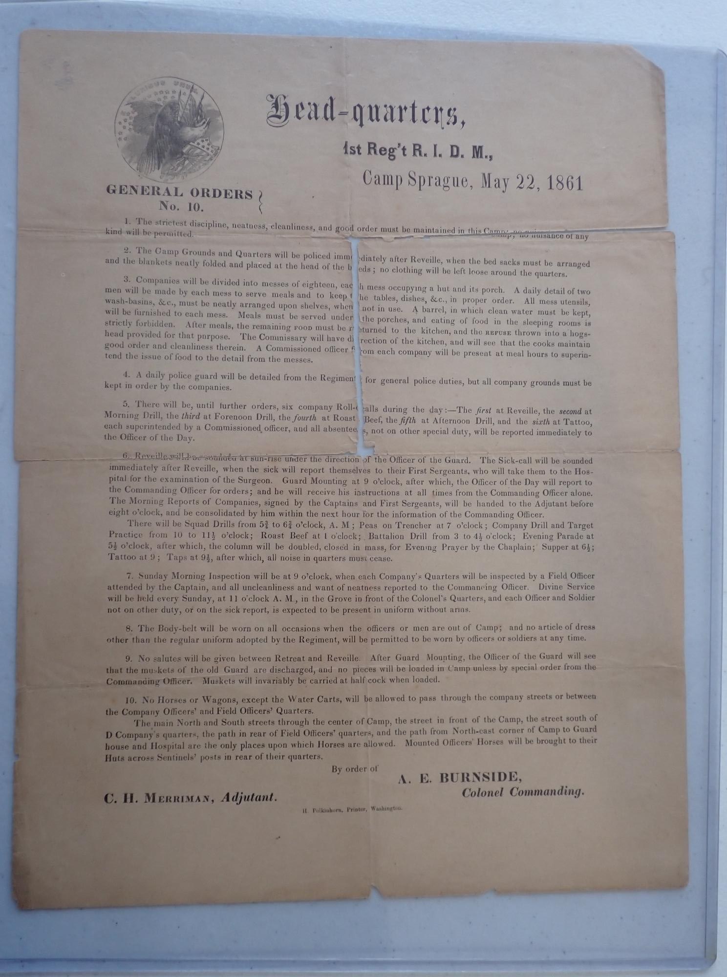 1861 Camp Sprague, RI 1st Regt. Gen'l Orders #10 (1 of 9)