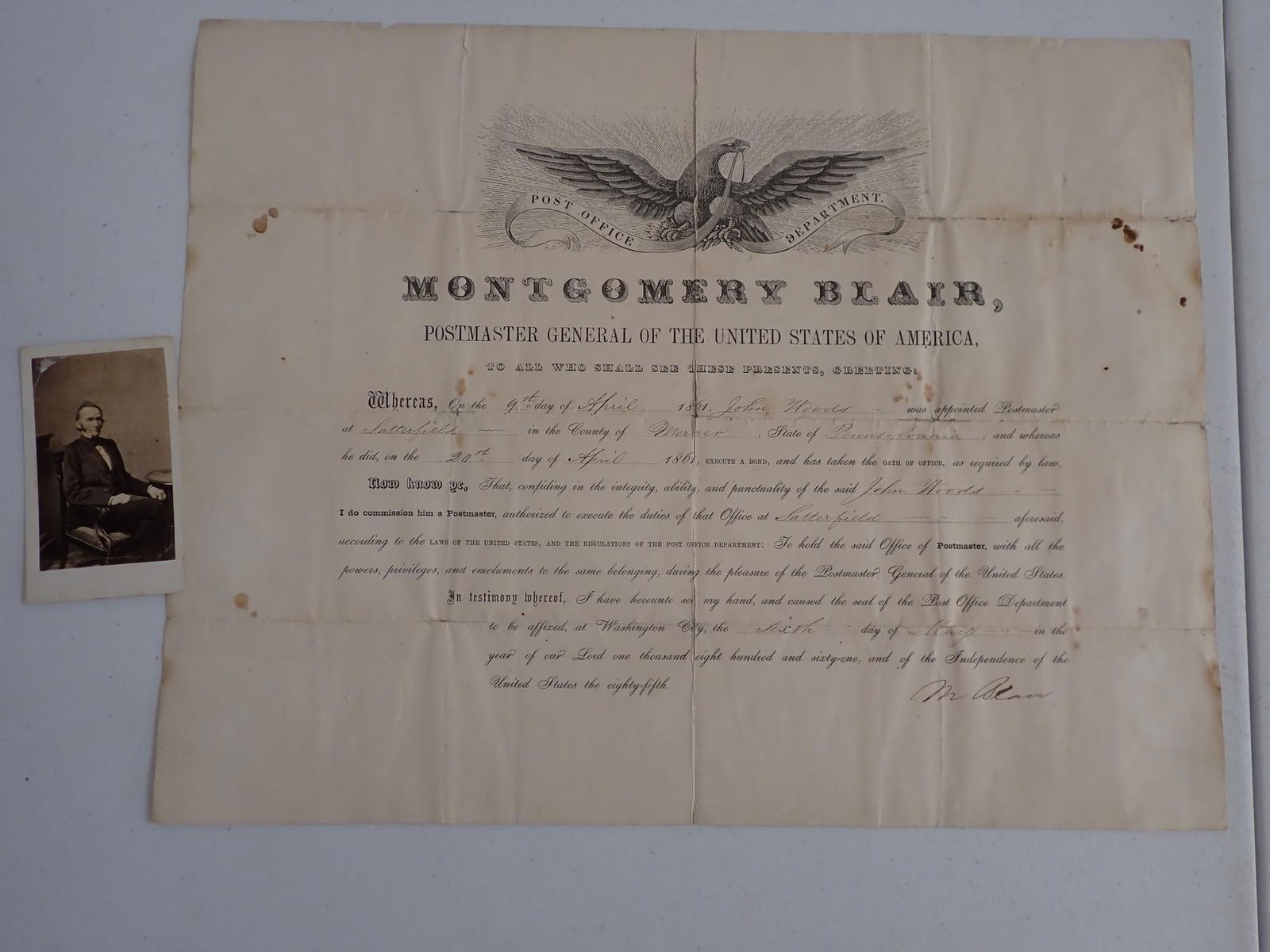 1861 Montgomery Blair Post Office Postmaster doc. (1 of 13)