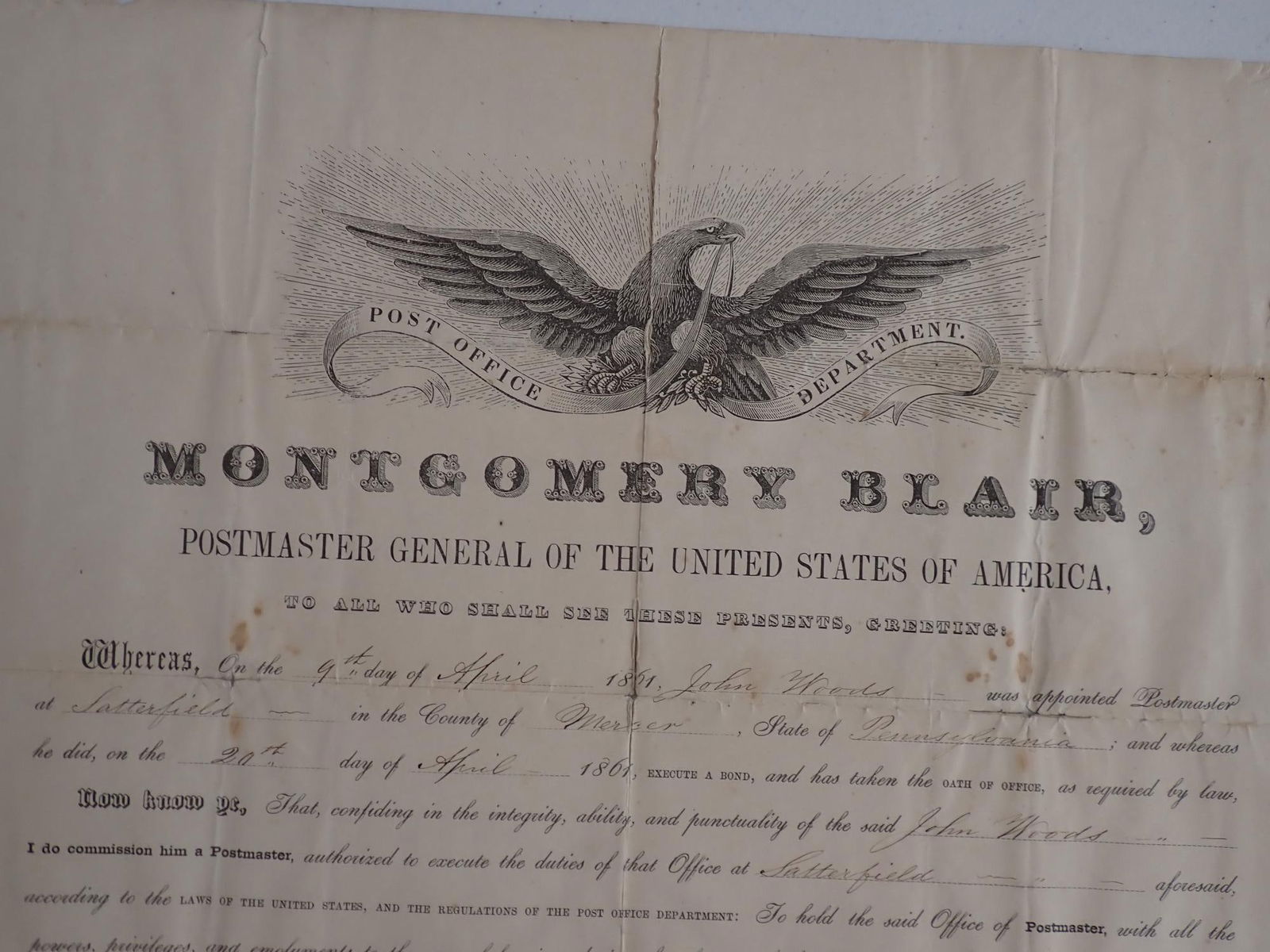 1861 Montgomery Blair Post Office Postmaster doc. - 2