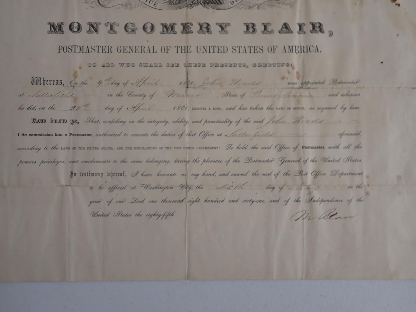 1861 Montgomery Blair Post Office Postmaster doc. - 3