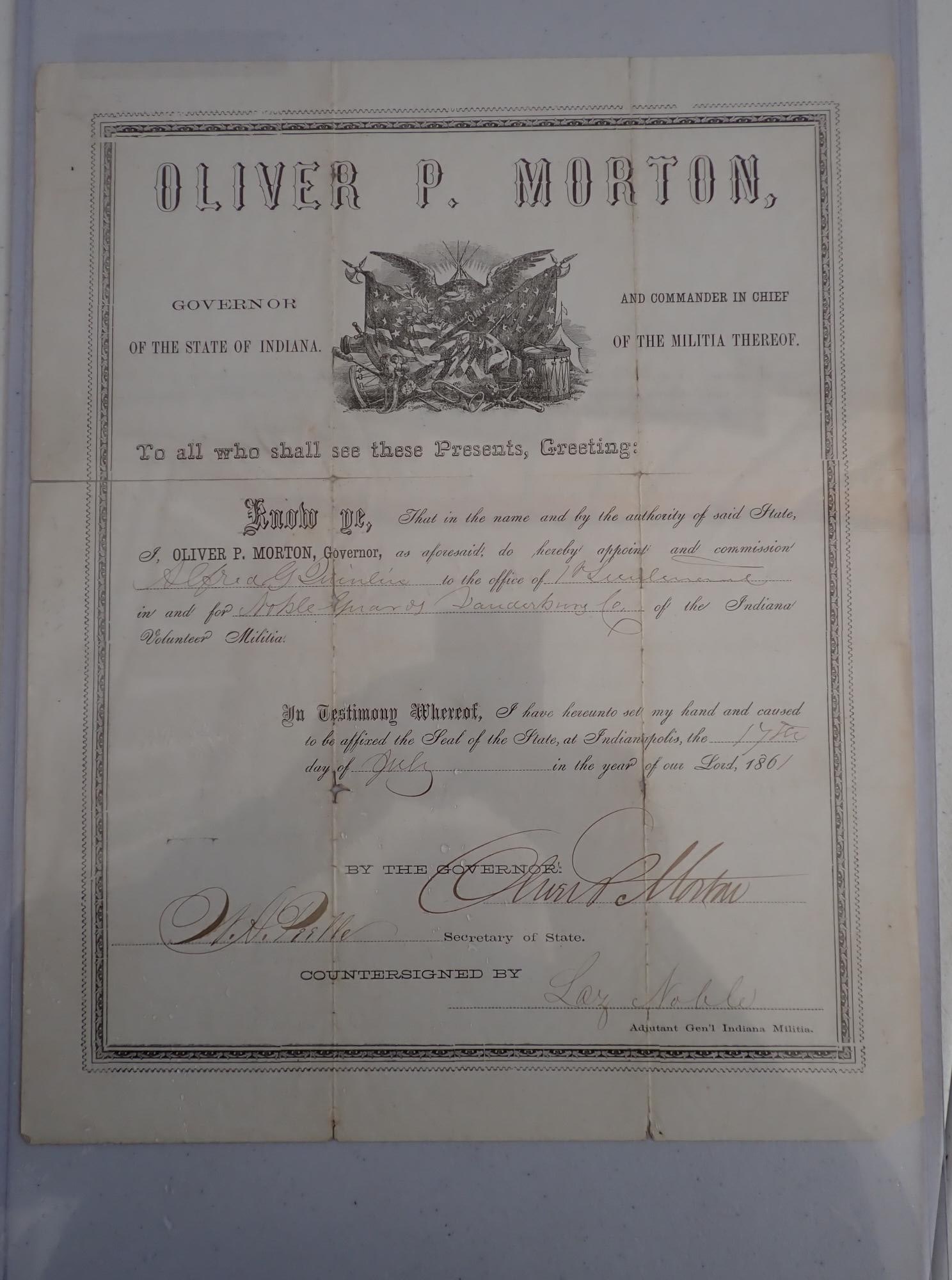 1861 Oliver P. Morton Indiana Lieut appointment doc (1 of 7)