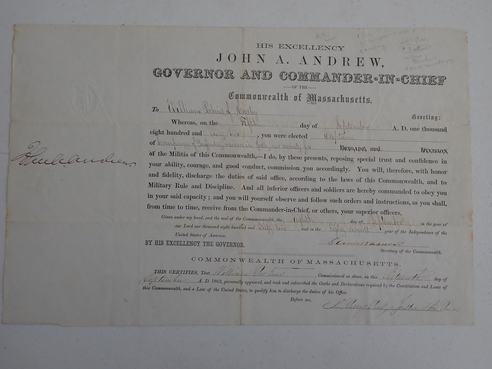 Captain William Perkins 52nd Mass. Appoinment (1 of 11)