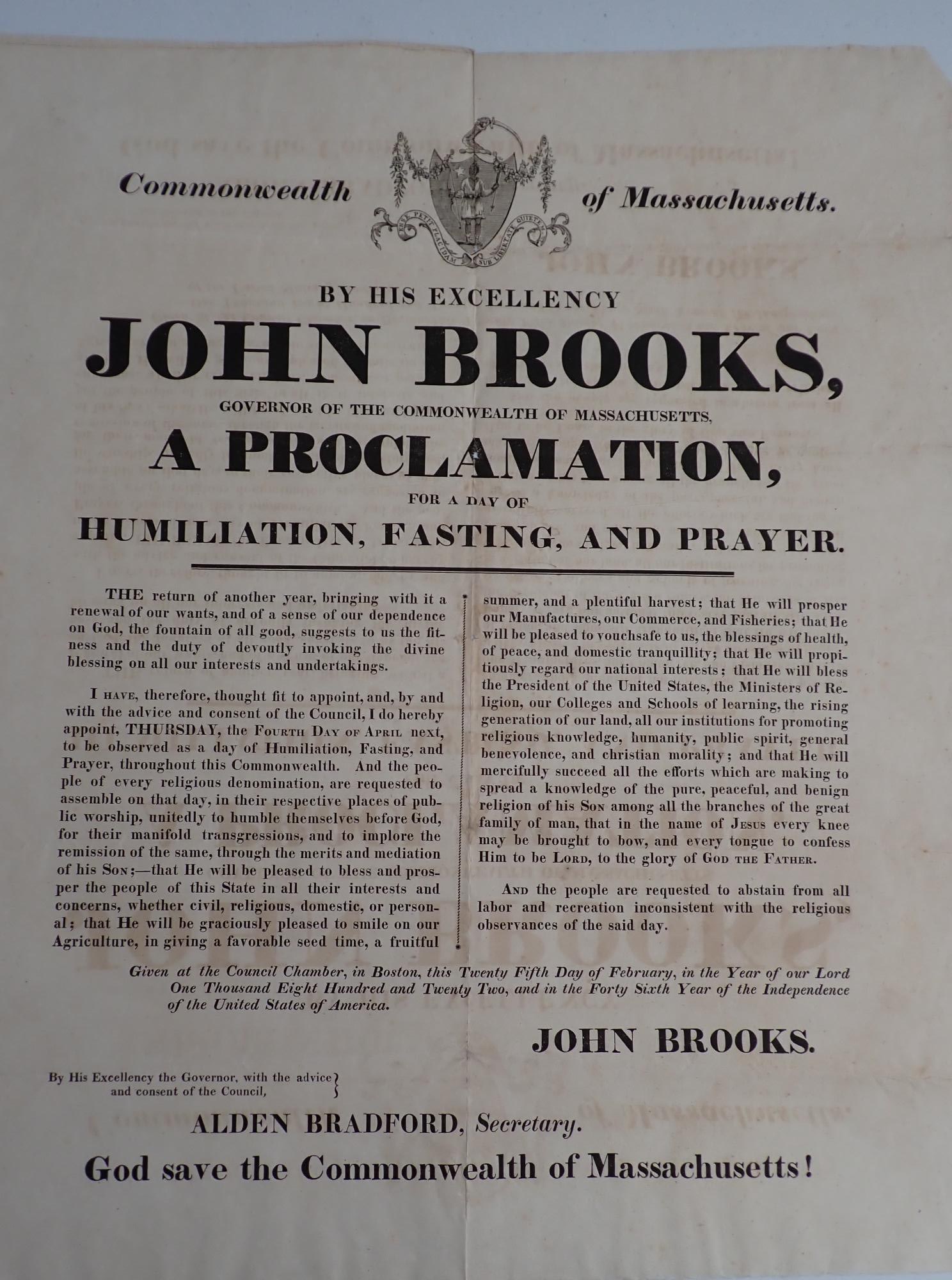 1822 Day of Humiliation, Fasting, Prayer Broadside (1 of 5)